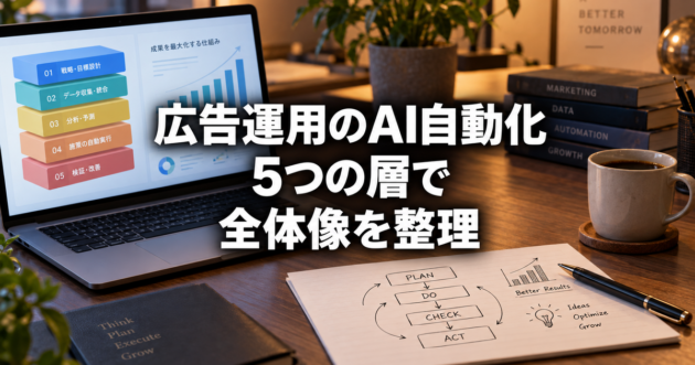 広告運用のAI自動化の全体像を示すデスク風景