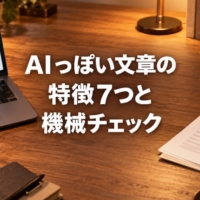 チェック結果の一覧が映るノートパソコンと、赤ペンで印を付けた原稿