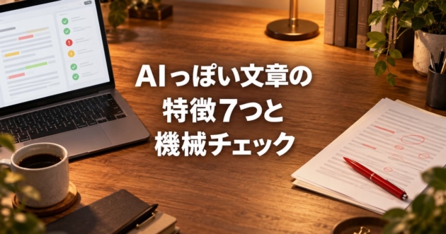 チェック結果の一覧が映るノートパソコンと、赤ペンで印を付けた原稿