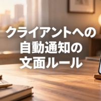 チャットのメッセージが表示されたスマートフォンと朝のデスク