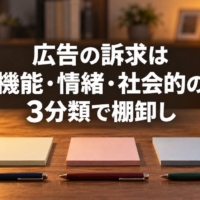 3色のメモ用紙とペンが3組並んだ机