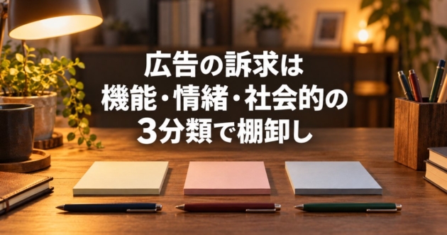 3色のメモ用紙とペンが3組並んだ机