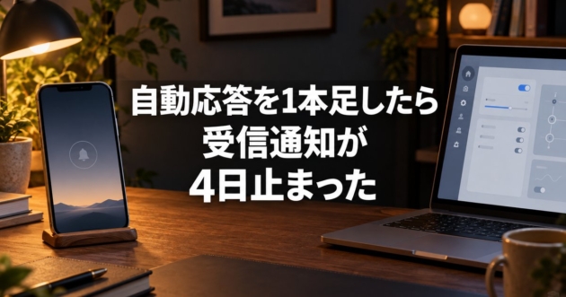 通知の届いていないスマートフォンと設定画面のノートパソコン