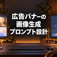 バナー案が並ぶ画面と成果のグラフが映る2台のモニター