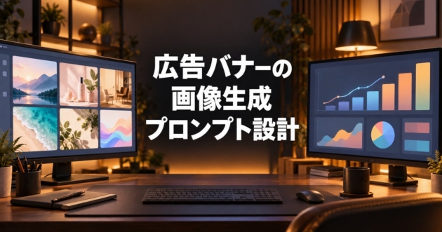 バナー案が並ぶ画面と成果のグラフが映る2台のモニター