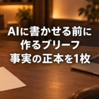 メモ用紙1枚と、原稿が映るノートパソコンが置かれた机