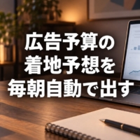 グラフが映るノートパソコンと電卓、メモ帳が置かれたデスク