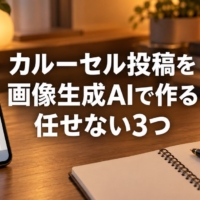 縦長のスライドが並ぶスマートフォンと、机の上のメモ