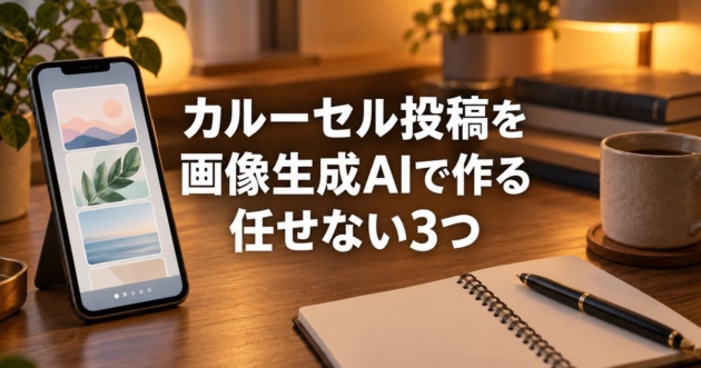 縦長のスライドが並ぶスマートフォンと、机の上のメモ