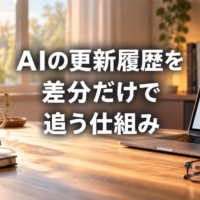更新履歴の一覧が映るノートパソコンと、朝日の差す机のコーヒーと眼鏡