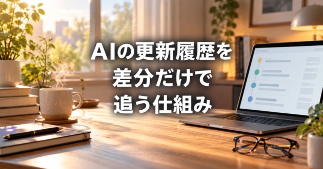 更新履歴の一覧が映るノートパソコンと、朝日の差す机のコーヒーと眼鏡
