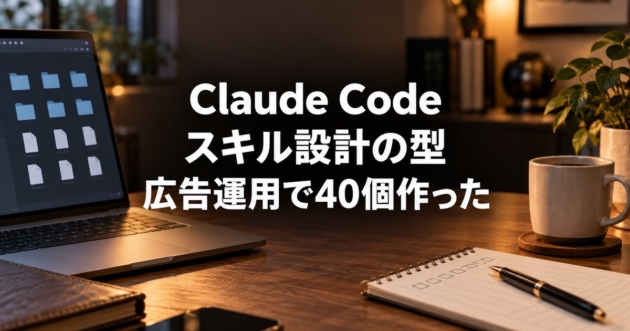 Claude Codeスキルの設計を示すデスクの風景