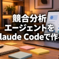 比較カードが並ぶノートパソコンと付箋のあるデスク