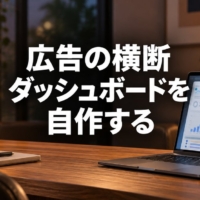 グラフが並ぶダッシュボードを映したノートパソコンのある机