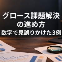 机に広がるグラフの紙と虫眼鏡、折れ線グラフが映るノートパソコン