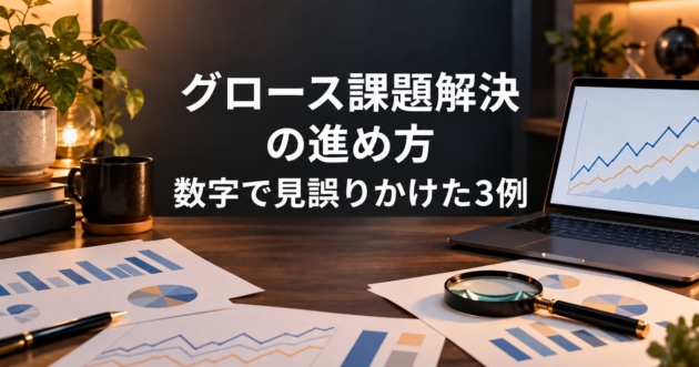 机に広がるグラフの紙と虫眼鏡、折れ線グラフが映るノートパソコン