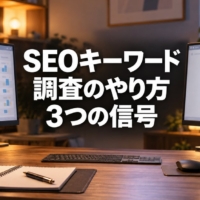 検索キーワードの一覧とサイトの構造図を映した2台のモニター