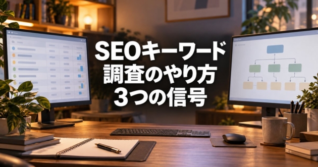 検索キーワードの一覧とサイトの構造図を映した2台のモニター