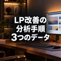 Webページとヒートマップを並べて映した2画面のモニターがあるデスク