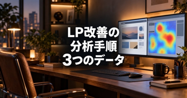 Webページとヒートマップを並べて映した2画面のモニターがあるデスク