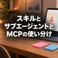3つのカードが並ぶ画面のノートパソコンと、色違いの付箋3枚が置かれた机