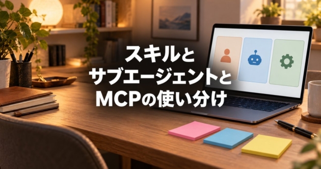 3つのカードが並ぶ画面のノートパソコンと、色違いの付箋3枚が置かれた机