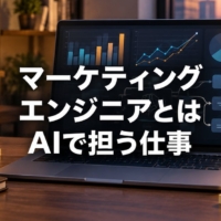 ノートパソコンに広告データのグラフと仕組みの流れ図が映るデスク
