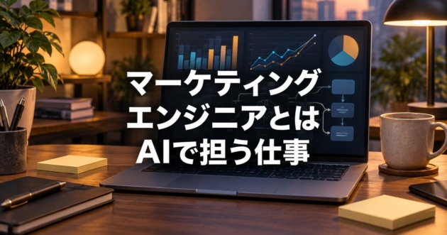 ノートパソコンに広告データのグラフと仕組みの流れ図が映るデスク