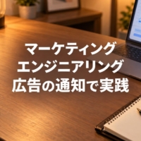 スマートフォンの通知と広告のグラフが映るノートパソコンが並ぶデスク
