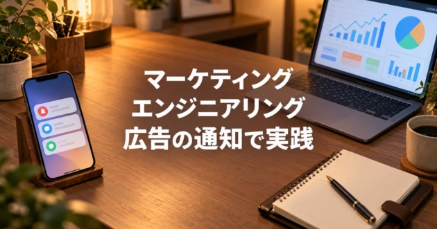 スマートフォンの通知と広告のグラフが映るノートパソコンが並ぶデスク