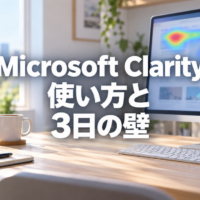 Microsoft Clarityのデータを広告運用で分析するデスク風景