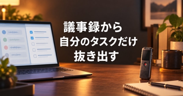 文字起こしとタスク一覧が映るノートパソコンとICレコーダー