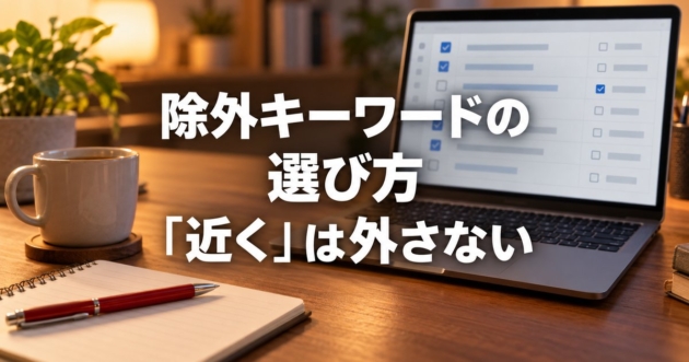 検索語句の一覧にチェックを入れる画面のノートパソコンとメモ