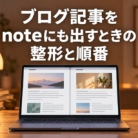 2つの記事ページを左右に並べて表示したノートパソコン