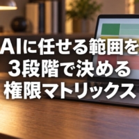 3色に色分けされた一覧表が映るノートパソコンとスタンプ