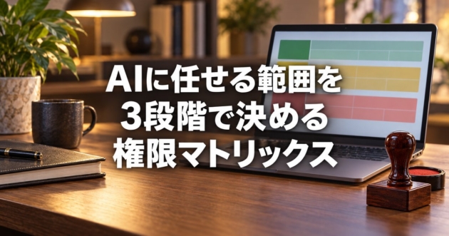 3色に色分けされた一覧表が映るノートパソコンとスタンプ
