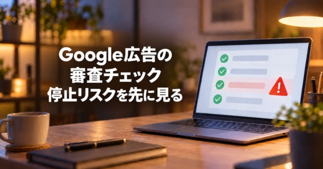 チェック結果と警告マークが並ぶ画面のノートパソコン
