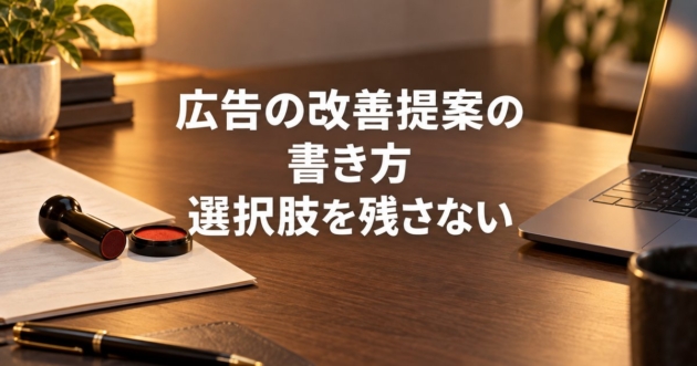 提案書とスタンプが置かれた机とノートパソコン