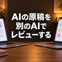 原稿と審査結果をそれぞれ映した2台のノートパソコンが向かい合うデスク
