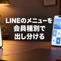3台のスマートフォンがそれぞれ違うメニュー画面を表示している机