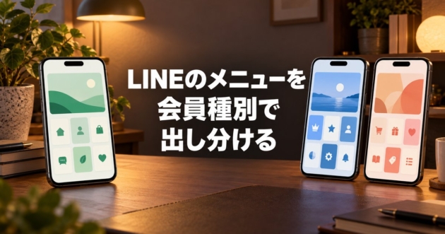 3台のスマートフォンがそれぞれ違うメニュー画面を表示している机