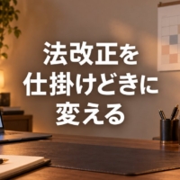 カレンダーが映るノートパソコンと、壁のカレンダーと分厚い本が並ぶ机