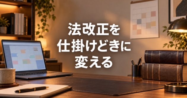 カレンダーが映るノートパソコンと、壁のカレンダーと分厚い本が並ぶ机