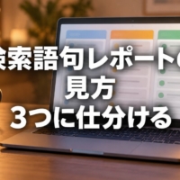 検索語句の一覧が3つの列に分かれた画面のノートパソコン