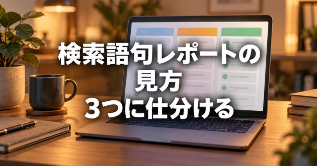 検索語句の一覧が3つの列に分かれた画面のノートパソコン