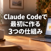 3つの段階が並ぶ図を映したノートパソコンと朝のコーヒー