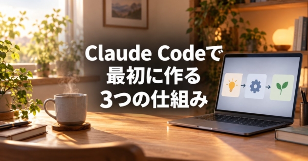 3つの段階が並ぶ図を映したノートパソコンと朝のコーヒー