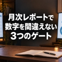 集計表とレポートを左右に並べて突き合わせている2画面のデスク