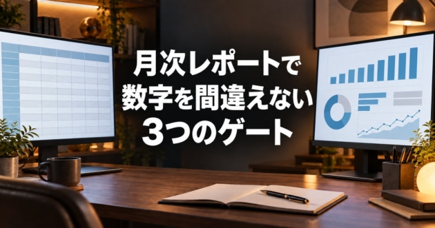 集計表とレポートを左右に並べて突き合わせている2画面のデスク