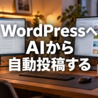 原稿のテキストとブログの記事一覧を並べて映した2画面のデスク